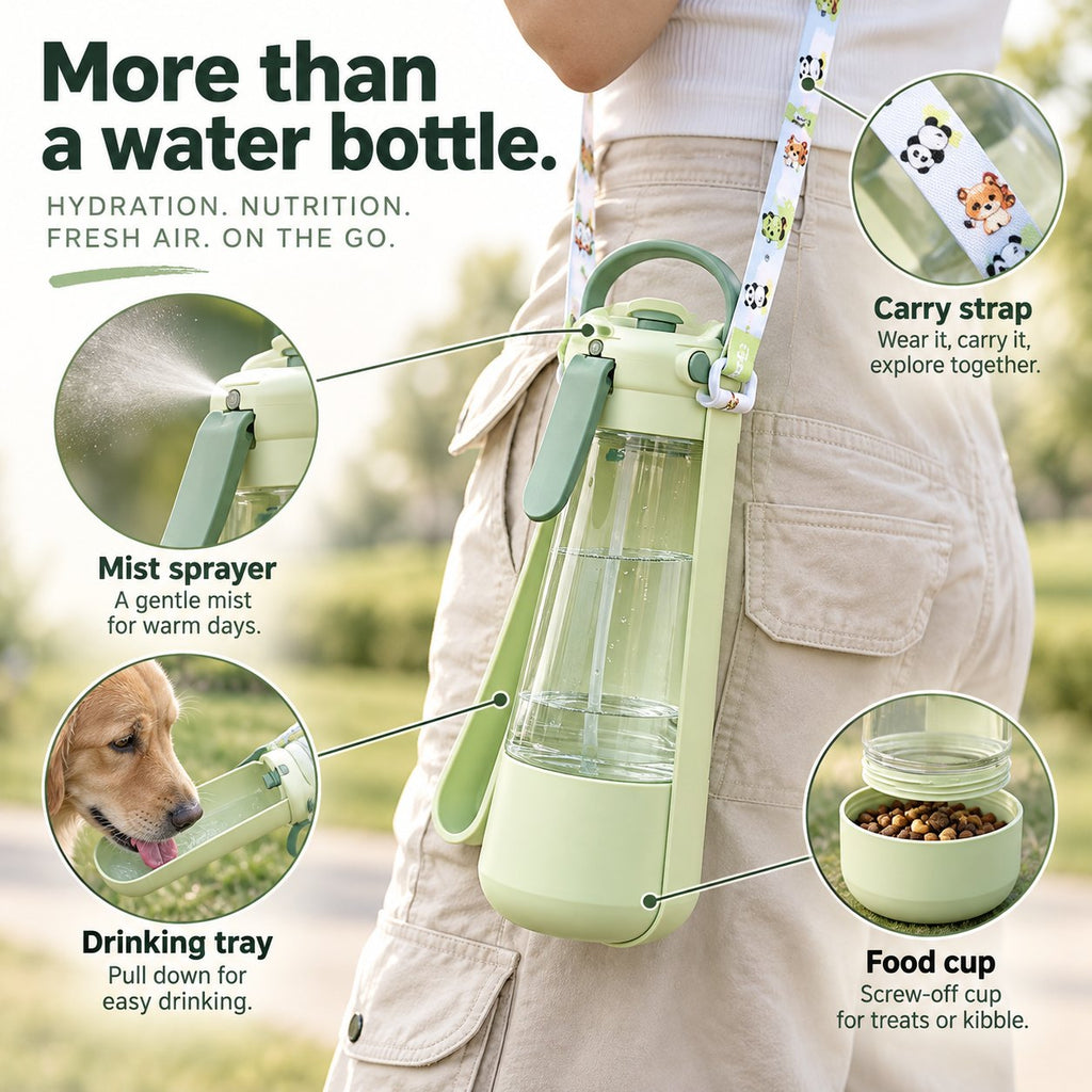Cloud Trek features: carry strap, mist sprayer, drinking tray and screw-off food cup