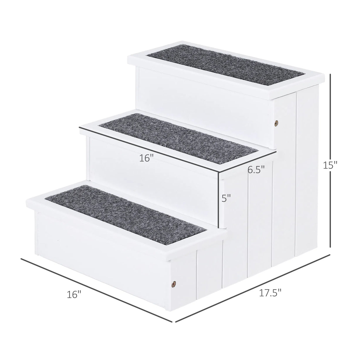 Cloud Steps dimensions: 16 in wide, 17.5 in deep, 15 in high, each step 6.5 in deep and 5 in high