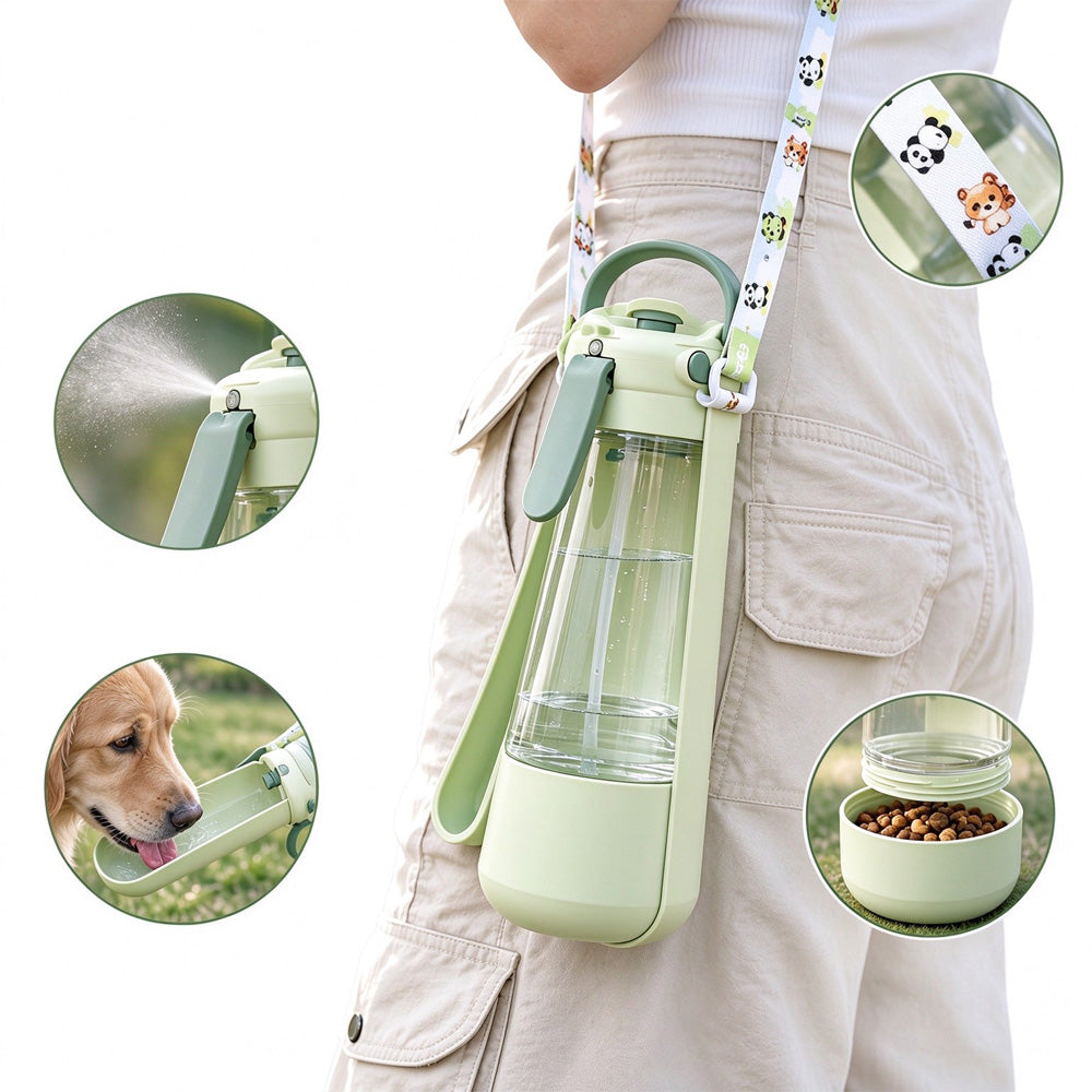 Cloud Trek dog water bottle in green with shoulder strap, mist sprayer, drinking tray and food cup
