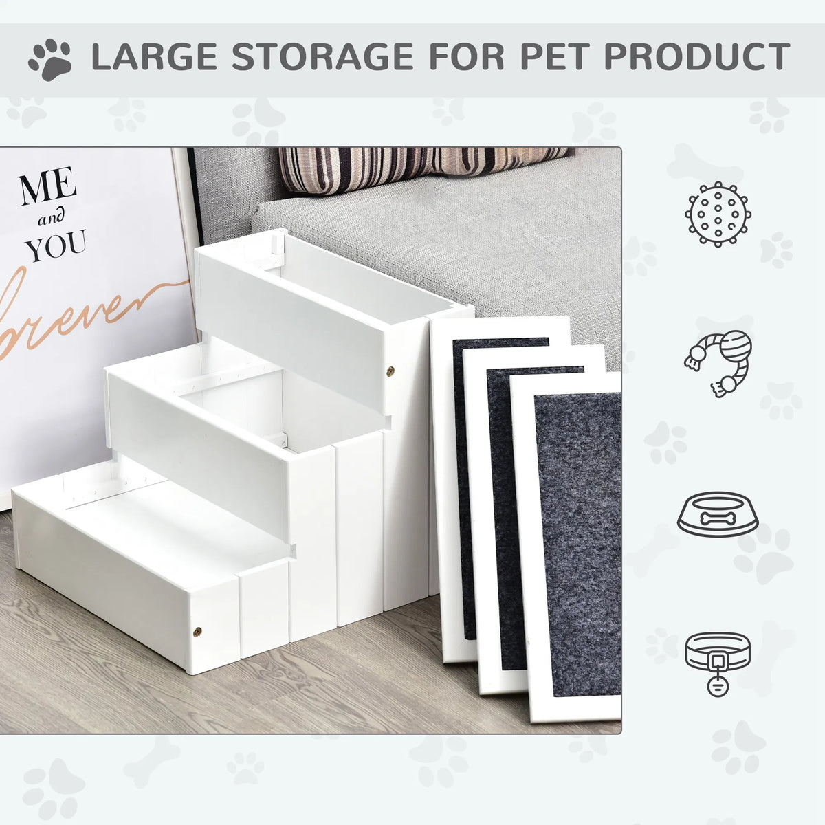 Removable carpeted step lids open to store pet toys, bowls and collars