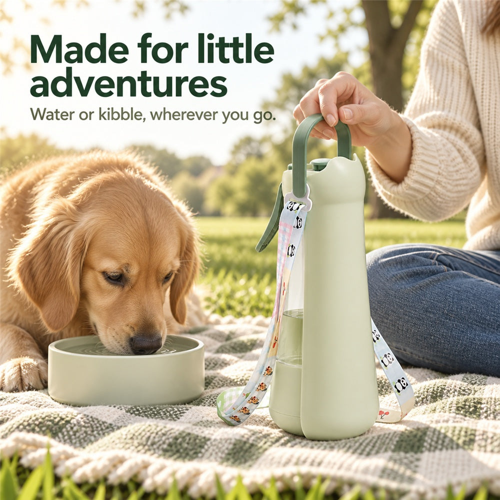 Dog eating kibble from the Cloud Trek food cup on a picnic blanket