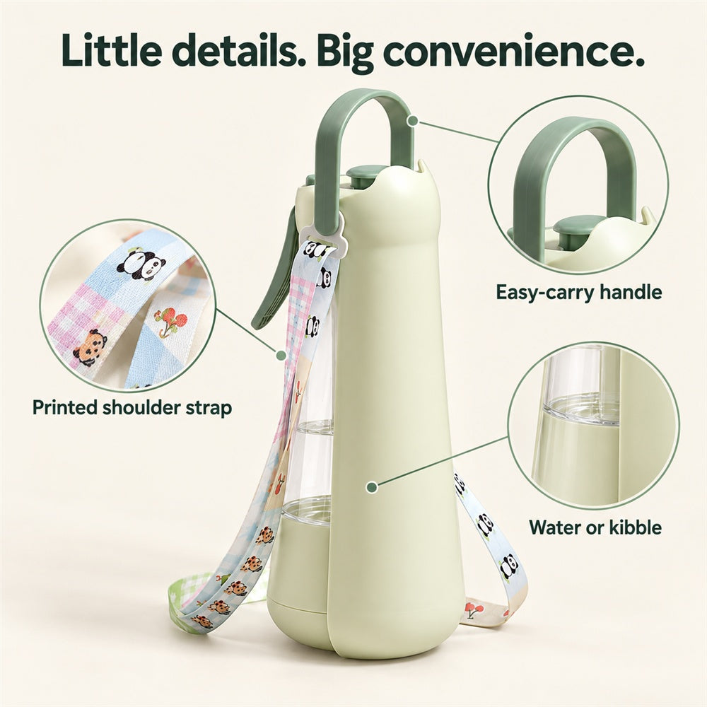 Cloud Trek details: carry handle, printed shoulder strap and water or kibble compartment